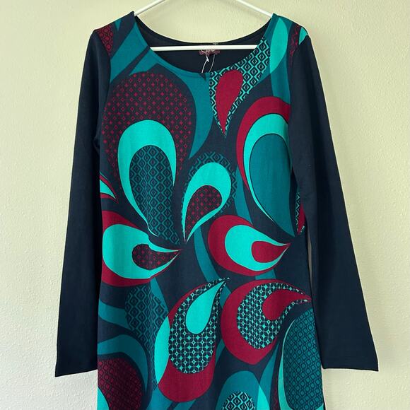 New Coline Artsy Abstract Swirl shift Dress 60s 70s inspired Bohemian hippie L - Picture 2 of 11